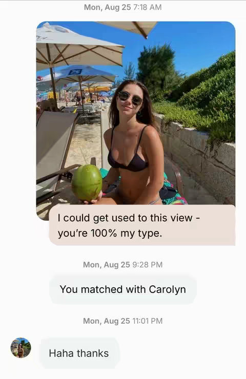 A young woman in a bikini and sunglasses poses with a large green coconut on a beach. Text bubbles, mimicking a dating app interface, frame the photo and display messages.