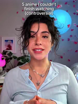 The cover image shows a young woman in a light blue top, smiling directly at the camera. The text overlay above the woman reads "5 anime I couldn't finish watching (controversial)". Behind her are some decorations and soft lighting.