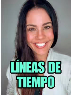 A selfie-style shot featuring a woman smiling broadly at the camera against a light background. The overlaid text 'LÍNEAS DE TIEMPO' is prominently displayed in a bold, teal font with a black outline, adding a vibrant contrast to the image.