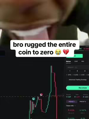 The image shows a person's mouth and part of their face. A text overlay reads 'bro rugged the entire coin to zero'. Below the text, a crypto trading chart shows a steep drop in value, with a crying face and broken heart emojis beside the text.