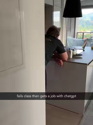 The cover image shows a man standing at a kitchen counter with his back to the camera, looking at a laptop. Text overlay reads, "fails class then gets a job with chatgpt."