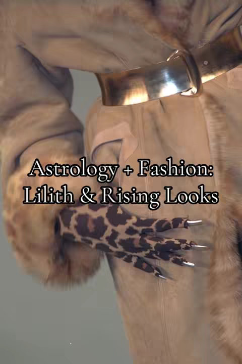 The image presents a close-up of a person's arm and part of their upper body. The arm is adorned with a leopard-print sleeve ending in long, metallic fingernails. The person is wearing a tan-colored coat with a fluffy collar. There is a large gold-colored metal collar. The background appears to be neutral, with text overlaid at the bottom, written in a stylized font.