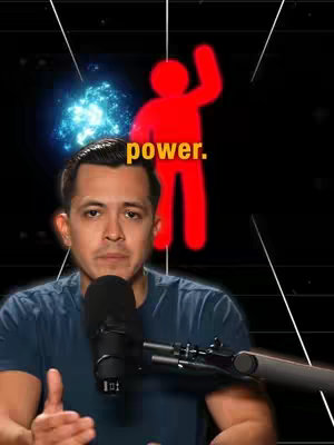 The cover image is a vertical composition featuring a man in a blue t-shirt, positioned in front of a dark background. Behind him, a red stick figure with one arm raised, accompanied by a blue glowing orb to the left, both set against a backdrop of white lines radiating outward. The man is holding a microphone and speaking the word "power" is overlayed, a central element, rendered in a yellow-orange color. The lighting appears to be focused on the man, illuminating his face, while the background elements add a sense of energy and intensity.