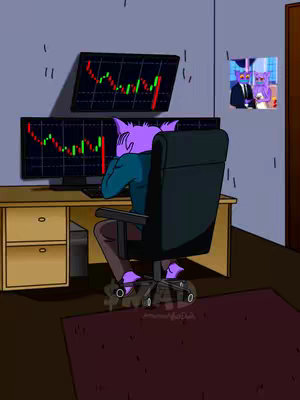 An illustration of a purple cat-like character sitting at a desk, looking distraught. Two computer monitors display a stock chart showing a downward trend. A framed picture of the character in a suit is present on the wall. The overall composition uses a muted color palette.