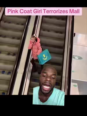 The cover image features a split-screen composition. At the top, a young girl wearing a pink coat is captured on an escalator, holding a teal bag with a smiley face. Below this, a Black man is shown with an open mouth, as if speaking. The background behind the girl and escalator appears to be a neutral color with dark accents, while the man's background is not visible.