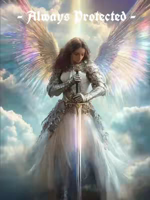 A digital illustration of an angel-like figure standing against a backdrop of clouds and light rays. The figure has long, flowing dark hair, and wears ornate silver armor over a white gown or dress. Large, iridescent wings stretch out behind her, and she holds a long sword in front of her. The background is a gradient of blue and white, with a bright light emanating from behind the figure's head.