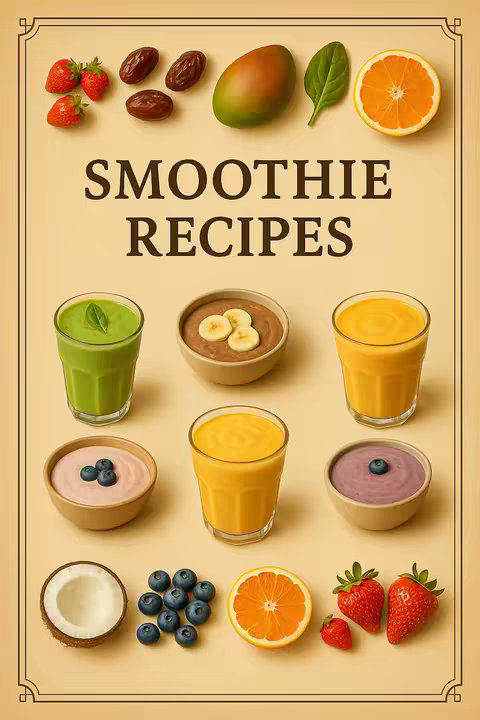 The cover image is a vertical composition featuring various smoothie recipes. At the top, fresh ingredients like strawberries, dates, a mango, a spinach leaf, and an orange slice are arranged. Below these elements, the text "SMOOTHIE RECIPES" is prominently displayed. Further down, the image showcases various smoothies in glasses and bowls, each with different ingredients and colors. A border surrounds the composition, framing the image.