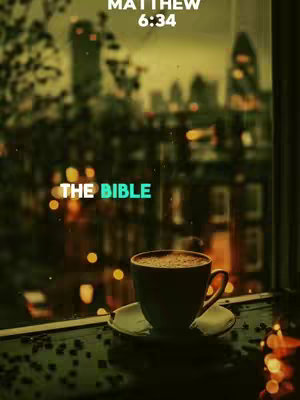 A calming image of a coffee cup on saucer, indoors by a window at dusk. The city lights of tall buildings and windows are blurred in the background, framed by dark foliage. Overlayed text says: MATTHEW 6:34, with "THE BIBLE" below it in a teal hue.