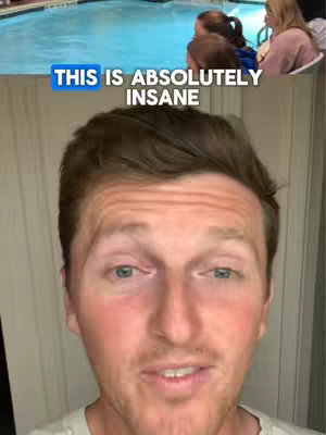 A man's face fills most of the frame, looking directly at the viewer with a neutral expression. Above him, a split screen shows a blurry outdoor scene. The top portion has a pool and some people in the background. Overlaid with the text "THIS IS ABSOLUTELY INSANE" in a blue box.