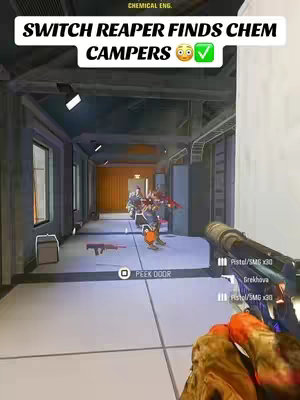 A first-person perspective from a video game, showing a hallway with multiple players, one holding a gun. On the top left, the labels "CHEMICAL ENG.". On the upper part of the screen, the hook text is visible. The overall color scheme appears muted, with a focus on the game's visual elements.