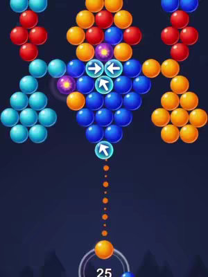 The image shows a colorful mobile game interface. In the bottom center, a yellow bubble is about to be launched, and there's a number "25" inside a white circle. Above, there are various colored balls arranged in clusters, and arrows indicating the direction of each cluster. The background is a dark navy blue.