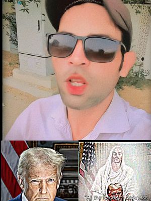 The cover image is a collage. In the upper portion, a man in sunglasses and a cap is making an expression. Below him, there are two images: one of Donald Trump and below that, an artistic depiction of Jesus Christ with Donald Trump's face.