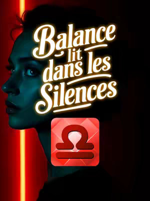 A stylized portrait featuring a woman's profile set against a dark background with vibrant accents. The woman's face is partially obscured by shadows and dramatic teal lighting, highlighting her eye and cheekbone. Overlayed on the image are illuminated text elements with the words "Balance lit dans les Silences," rendered in an elegant font. Below the text, a red geometric symbol with the Libra sign is visible. The background fades to a deep black, with strips of red light enhancing the shadowy design. Overall, the composition uses vivid color contrast and soft lighting to convey mystery and stylistic sophistication.