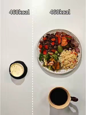 The image features a top-down view of a white surface divided by a dotted line. On the left side is a small black container with a creamy substance and on the right side is a plate filled with a colorful, diverse meal. A cup of coffee is below the plate. Above the food are the words '460 kcal'.