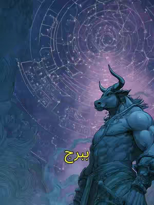 An illustration of a muscular, blue-skinned humanoid bull creature, the zodiac sign Taurus, with a constellation-filled backdrop. The bull-man is in a profile pose, looking to the right with a focused expression, and has horns and a bovine-like face. The background is a mix of deep blues and purples, suggesting a night sky filled with stars and constellations. Text in yellow, Arabic script is in the foreground.