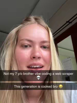 A selfie-style video frame featuring a young woman with blonde hair, looking towards the camera. Text overlays appear at the bottom, formatted as a social media post.