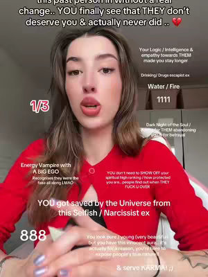 A selfie-style video cover image featuring a woman with long, dark hair and red top speaking to the camera. Text overlays and icons are added throughout the image.