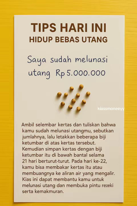 The cover image is a white paper with text in brown and blue, set against a bright yellow background. At the top, the headline 'TIPS HARI INI HIDUP BEBAS UTANG' is displayed. Below this, in a larger, blue font, is the text 'Saya sudah melunasi utang Rp 5.000.000'. A collection of brown seeds is scattered below the text. The bottom portion contains the text explaining instructions to get out of debt, in a smaller, black font, and is aligned left. The image features a clean, organized layout focused on text.