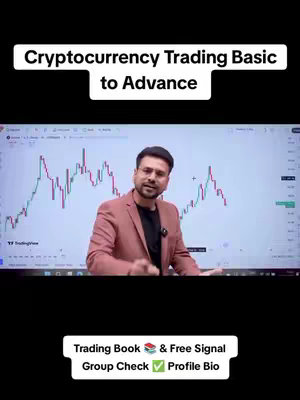 The cover image features a man in a light pink blazer standing in front of a screen displaying a stock chart. Above the man, white text reads 'Cryptocurrency Trading Basic to Advance.' Below the man, there's a white banner with text that says 'Trading Book & Free Signal Group Check Profile Bio' with a green checkmark icon.