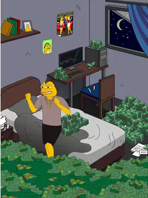 An animated illustration depicts a stylized room filled with stacks of money. A yellow cartoon character, possibly Pepe the Frog, is standing in the middle of the room with arms raised in celebration. The room includes a bed, a desk with a computer displaying a graph, and a window showing a night sky with a crescent moon.