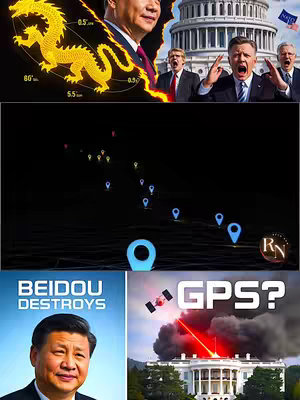 The image features a four-paneled composition. The top left includes a golden dragon graphic next to a portrait of a Chinese leader. The top right displays the US Capitol building with a group of figures (potentially politicians). The center depicts a dark, abstract graphic with location markers. The bottom left hosts a portrait of a Chinese leader with the text "BEIDOU DESTROYS" above. The bottom right portrays a satellite firing a laser at a White House image with the text "GPS?" next to it.