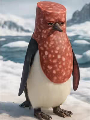An image featuring a penguin, but with a red and white spotted, cylindrical object replacing its head. It appears to be a cross-section of salami or a similar cured meat. The penguin's black wings and back contrast with its white chest and the processed meat head. The background is a snowy, blurred environment suggesting an arctic setting.