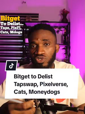 A man in a light-colored shirt is centered, looking directly at the camera. Above him, at the top of the frame, a text overlay in yellow and white says, 'Bitget To Delist... Taps, PixFi, Cats, Mdogs.' A white rectangle in the bottom contains the title in big clear black letters.
