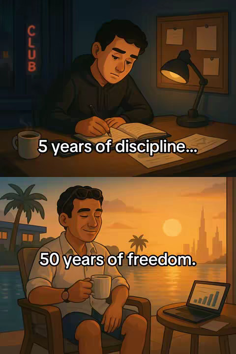 The image is a split illustration showing a before-and-after transformation. The top half depicts a young man at a desk, diligently writing under dim lighting, with a cup of coffee nearby. The bottom half shows the same man, now older, sitting by a pool, sipping from a mug, with a sunrise view over a city in the background. The transformation suggests discipline leading to freedom.
