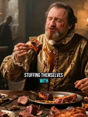 The cover image features a man in a golden, ornate outfit, possibly depicting royalty, eating a large piece of meat. Sauce is dripping down his face and clothing. The table in front of him is laden with more meat. The background is dark and suggests a historical setting.