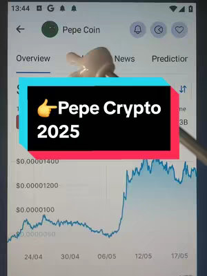 The cover image is a screenshot of a mobile phone screen displaying a chart related to Pepe Coin. A rectangular box with a black background and white text overlaid in the center, displaying "π Pepe Crypto 2025". Accompanying this text, is a yellow hand emoji with the thumb up. Below the text, a price chart with a blue line and date information is visible. The top displays the Pepe Coin logo. The overall composition uses a mix of digital elements.