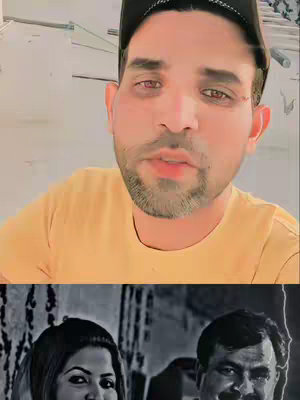 The image features a man in the top portion, wearing a black cap and a yellow shirt, looking at the camera and talking. The lower portion shows a black and white photo of a woman and a man looking at each other.
