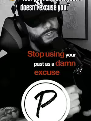 The image features a man with a beard and cap wearing a headset, appearing to be speaking into a microphone. Text overlays in white and red are superimposed on the image, stating a message about taking responsibility for healing and not using the past as an excuse to hurt others. A circular logo is at the bottom.