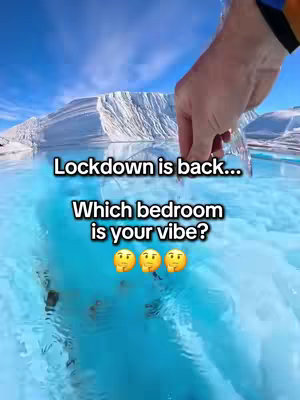 The image shows a person's hand holding clear water, with a blue, icy landscape in the background. The primary colors are blue and white. Text overlays are also present.