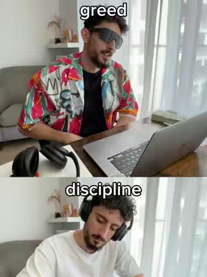 The image is split into two horizontal sections featuring the same man in different settings. The top half shows him wearing sunglasses and a patterned shirt, positioned in front of a laptop. The words 'greed' is written above him. The bottom half presents him with headphones, looking down with the word 'discipline' above. The background appears to be a home setting with sunlight coming through a window.