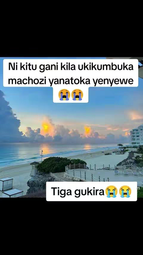 An image of a coastal scene, likely a beach at sunset with a text overlay. The sky is filled with colorful clouds, and the ocean stretches out to the horizon. The text overlay is in a rounded rectangle with the text in white. There is also text below the main text, and two crying face emojis.