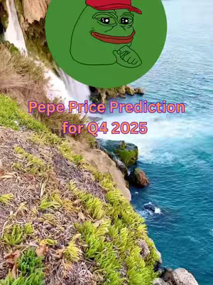 The cover image features a background of a natural landscape with a cascading waterfall and ocean view. Overlaid on the background is a round green circle containing the Pepe the Frog meme, wearing a red cap. Positioned below the circle is text that reads, 'Pepe Price Prediction for Q4 2025'.