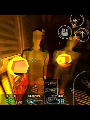 The cover image showcases a low-resolution, pixelated 3D game environment with two mannequin-like figures in the foreground. The background is filled with a dark, industrial setting, possibly a corridor, with a warm, yellowish-orange color palette dominating the scene. The figures appear illuminated, with interface elements typical of a first-person shooter game, such as health, weapon, and stamina indicators overlaid at the bottom. The overall composition offers a retro, arcade-like aesthetic.