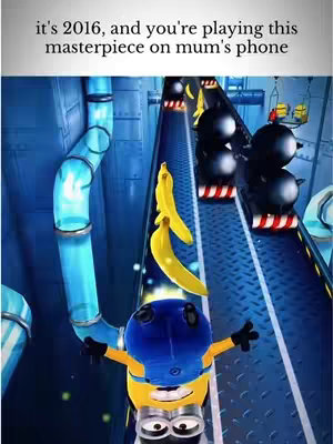 A colorful, cartoonish image from a mobile game. The scene shows a forward-scrolling track with blue pipes on the left, bomb-like obstacles, and bananas. A Minion-like character, wearing a blue helmet, is featured in the center with arms outstretched. Overlaid at the top is white text.