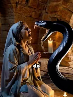The image shows an emotional scene with a woman in religious garb kneeling with hands clasped in prayer and facing a menacing black snake with its mouth open. A lit candle sits on a stone shelf behind the snake, and the background appears to be a dark stone structure. Part of the hook text "do" is added.