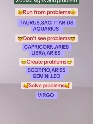 The image is a vertical composition featuring text blocks with different background colors arranged against a plain white backdrop. Each block has a header text with an related emoji and is followed by a list of zodiac signs. The top block has a green background and reads 'Zodiac signs and problem' while the following blocks have alternating white and purple backgrounds, each with expressive text and corresponding emoji. The layout prioritizes readability, with the blocks neatly ordered and the text centered.