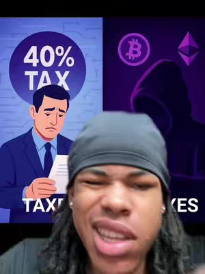 The cover image is split in half vertically. On the left, there is an animated illustration of a sad man holding a paper with the words 40% TAX in a circle above him. On the right, there is an image of Bitcoin and Ethereum logos with a silhouette of a person with a hood. The creator is in the foreground, looking towards the right side, wearing a black beanie, and has long black hair.