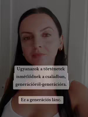 A woman with dark hair and light skin looks directly at the camera. Text overlays are in white boxes. The background is a neutral gray. The woman is wearing a white top.