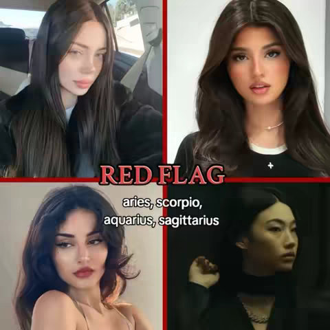 The cover image shows a grid of four different women, each styled to represent different astrological signs. The top left shows a woman in a car selfie, black hair. Upper right is woman with long dark hair and a black top. The bottom left is a woman with dark hair and red lipstick. The bottom right is androgynous with short black hair. The text overlayed is "RED FLAG", and a list of associated zodiac signs. The overall layout is simple but direct.