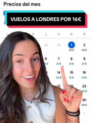 A woman with dark hair is smiling and pointing at a calendar that displays flight prices. The calendar covers part of the frame, while text overlays indicate flight deals to London for 16 euros. The text is displayed in a highlighted bar at the top with other calendar listings behind the woman. The woman is centered in the image, emphasizing a friendly, inviting tone.