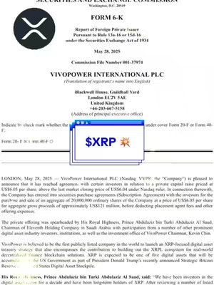 The cover image for the video is a document from the Securities and Exchange Commission (SEC), specifically a Form 6-K from May 28, 2025, related to VivoPower International PLC. The document is primarily black and white with a large XRP logo in the top left corner. The overlay features a stylized window with the text '$XRP' and a starburst symbol.