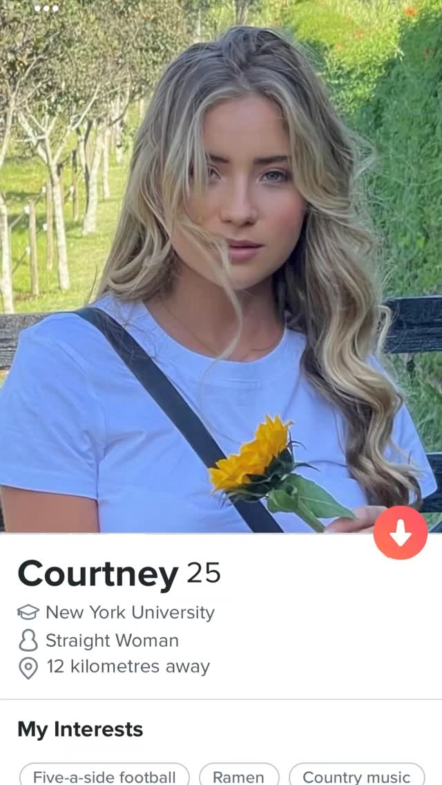 A person with long blonde hair is the focus, holding a sunflower, against a blurred background that seems to be a natural outdoor setting. The image has a dating app interface at the bottom, displaying details like a name, age, university, and distance.