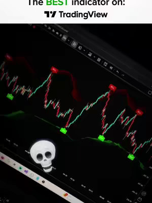 The cover image displays a laptop screen with a stock market chart overlaid with red and green lines, suggesting a trading platform. The text overlay highlights a trading indicator, and a skull-shaped icon rests at the bottom left.