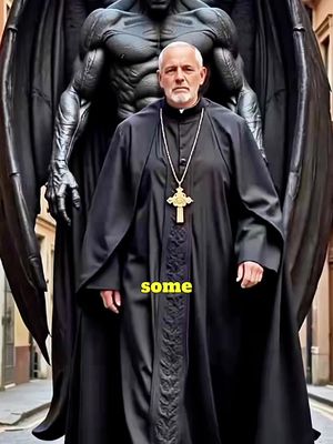 The image is a composite with a central figure of a priest in black robes, wearing a gold crucifix. A large, muscular, black-skinned demonic figure with bat-like wings stands behind the priest, partially shrouding him. The background suggests an outdoor urban setting with buildings. The text overlayed is 'some'.