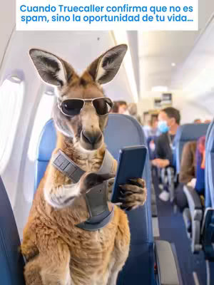 The image is a vertical composition set inside an airplane. The focus is on a kangaroo seated in a blue airplane seat, wearing sunglasses and a harness, holding a smartphone. The kangaroo is the central figure, with passengers visible out of focus in the background. The lighting appears to be from the cabin, and the overall tone seems humorous.