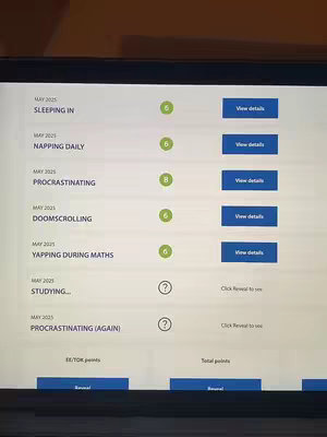A screenshot of a laptop screen displaying a mock report card. The screen is predominantly white with blue accents. Several text listings with scores and options to view details are seen, which are potentially exam results. The overall composition is straightforward, focusing on an informative display.